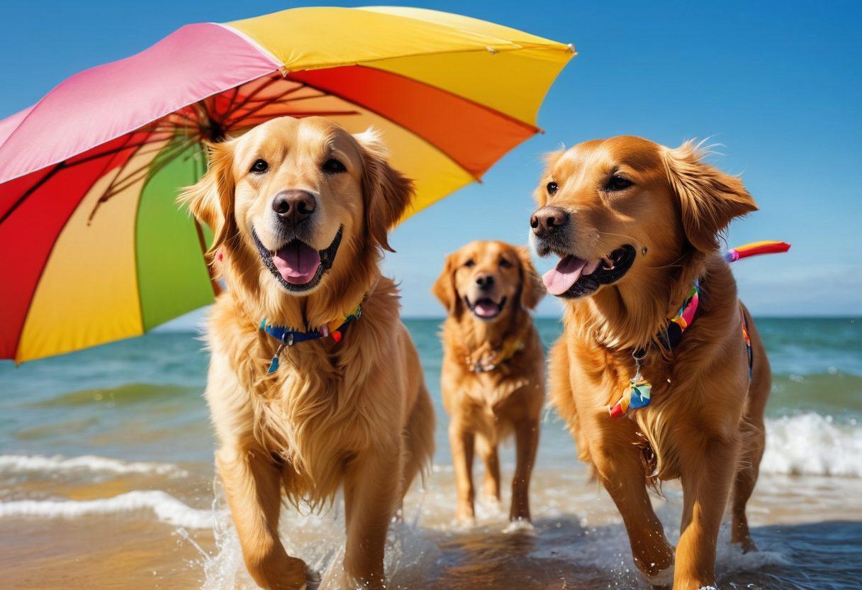 A cheerful golden retriever wearing stylish beachwear, splashing playfully in crystal-clear ocean waves, while surrounded by beachgoers in vibrant swimsuits. In the background, a colorful beach umbrella and a sunny blue sky enhance the lively atmosphere. The scene captures the essence of summer fun, showcasing both the dog’s personality and the latest trends in beach fashion. super-realistic. vibrant colors. sunny atmosphere.
