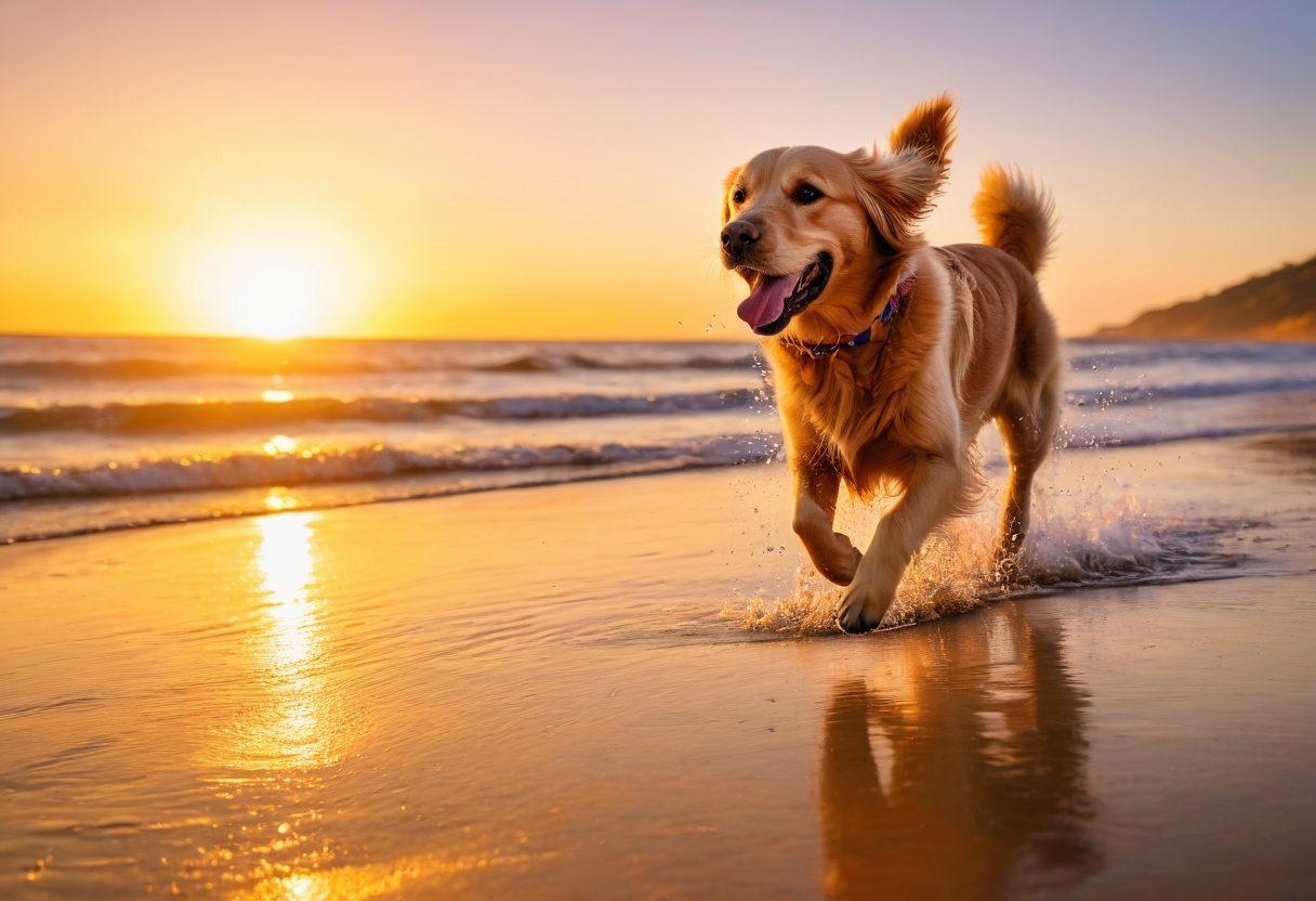 A golden retriever joyfully running along a sunlit beach, splashing water droplets catching the sunlight, with a backdrop of a vibrant sunset. Nearby, a photographer is crouched down, capturing the moment with a camera, surrounded by colorful beach toys and footprints in the sand. The scene is lively, showcasing a sense of happiness and spontaneity. super-realistic. vibrant colors. golden hour lighting.