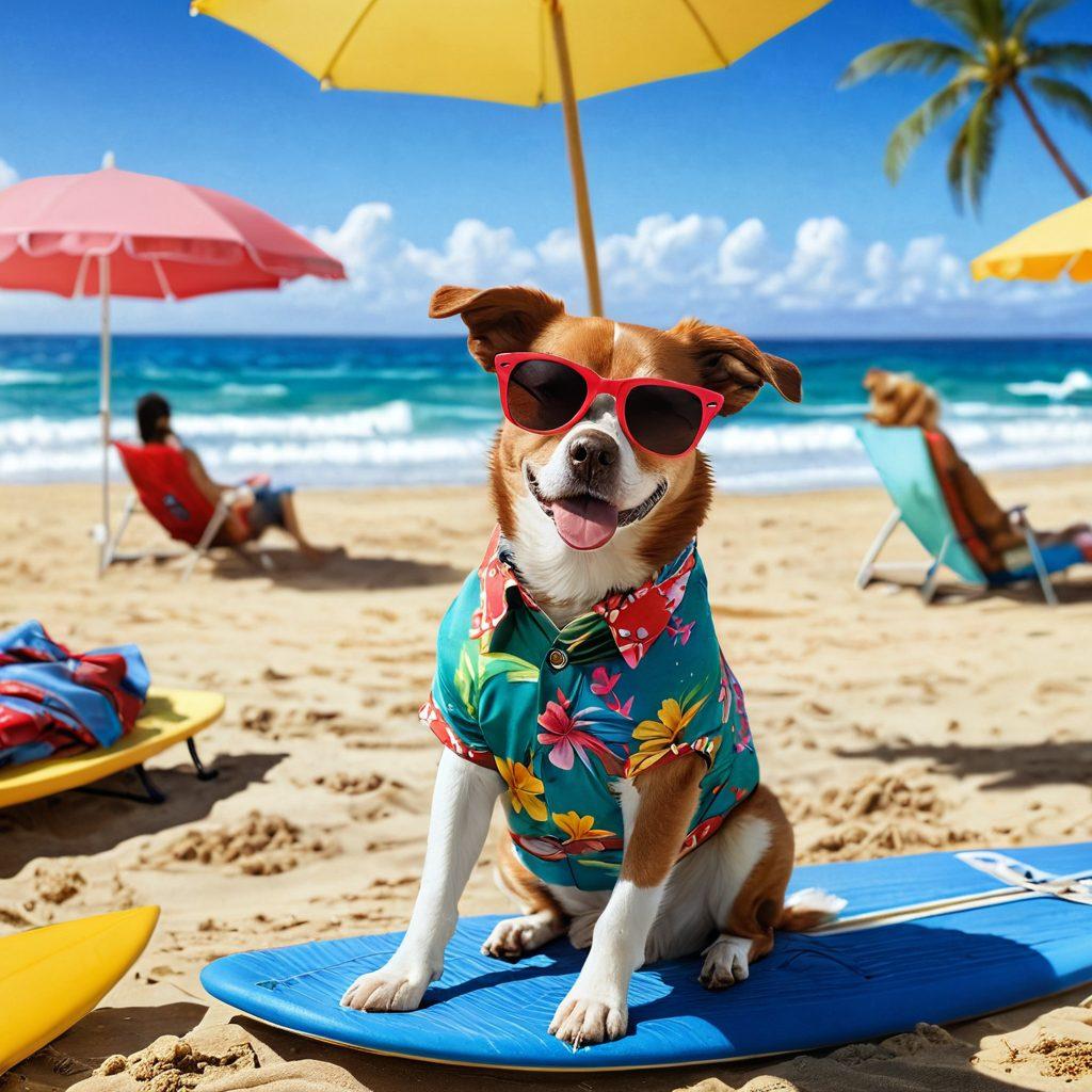 A lively beach scene featuring a stylish dog wearing sunglasses and a Hawaiian shirt beside its owner dressed in fashionable beach attire, both enjoying a sunny day. Vibrant beach umbrellas and surfboards in the background add to the cheerful atmosphere, while playful waves lap at the shore. Include a few other dogs of different breeds playing in the sand and wearing trendy accessories. super-realistic. vibrant colors. sunny ambiance.